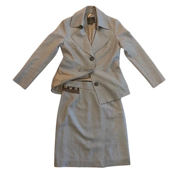 Vintage Green/Brown/White Houndstooth Print Button Down Skirt Suit (Small/Med) - Picture 1 of 12